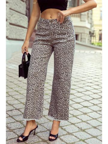 Leopard Frayed Edge Wide Leg High Waist Jeans